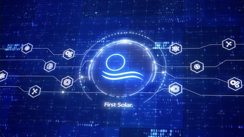 Los Angeles, California, United States - August 4, 2021: First Solar animated logo. Holographic animation for solar panels company. Futuristic motion graphics of First Solar logo design. High tech 3D 