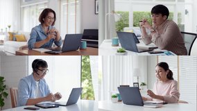 Group of diverse mixed age asia man woman consumer enjoy wireless wifi 5G network discuss on computer tablet device in puzzle mosaic film video wall of virtual indoor city urban life talk by IOT app. - Powered by Shutterstock - Get 15% off with code: PIKWIZARD15