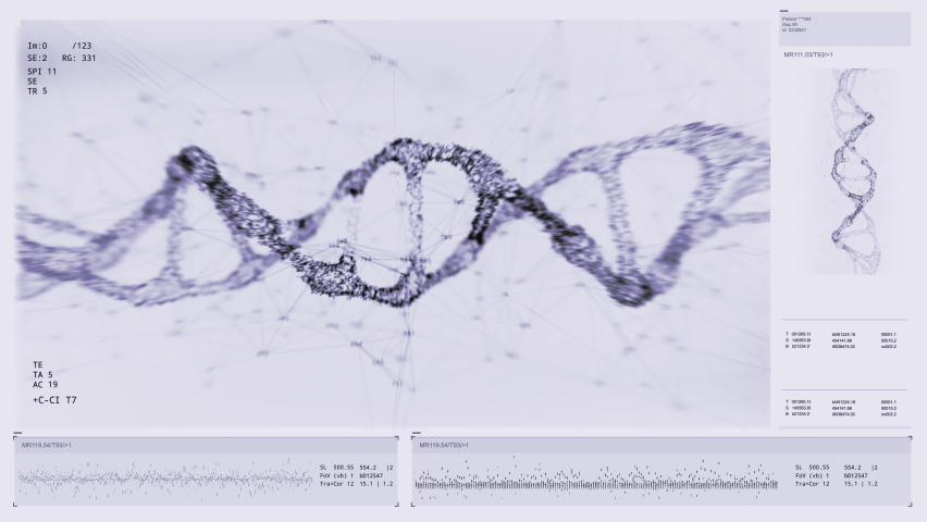 DNA structure research. Genome analyzing. Interface concept. Noise, blur effect. Biochemistry statistic data displayed on high-tech hospital screen. Genes, genetic disorders. Health. Diagnosis disease - Powered by Shutterstock - Get 15% off with code: PIKWIZARD15