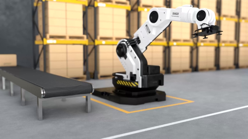 The Robot arm picks up the box to Autonomous Robot transportation in warehouses, Warehouse automation concept Royalty-Free Stock Footage #1077005654