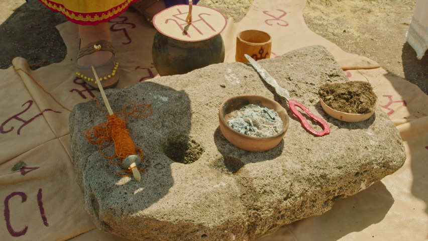 reconstruction. Sarmatian rite of sacrifice, the priestess and her assistant perform the actions that people did at that time in order to call the gods and ask for a good harvest.