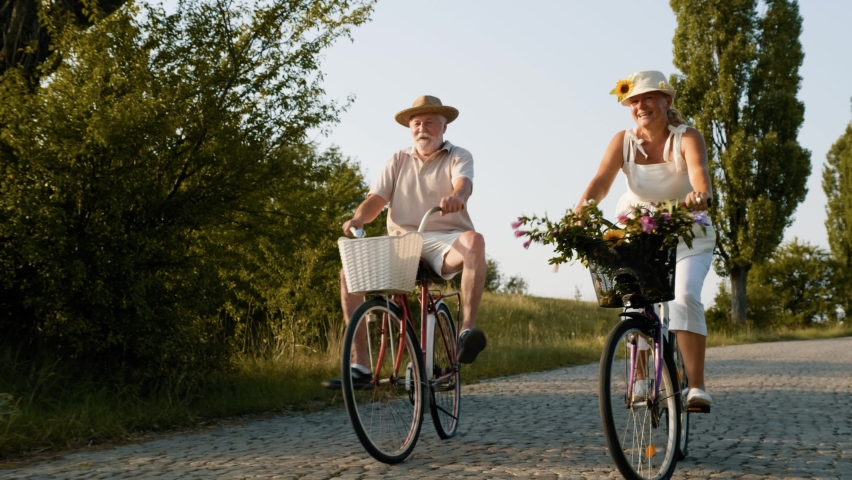 Cheerful elderly couple riding bicycles in nature Royalty-Free Stock Footage #1077026501