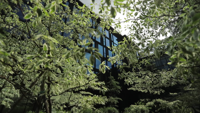 Modern architecture building yard with trees and foliage in front of facade. Architectural tendencies.  Royalty-Free Stock Footage #1077029108