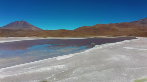 Aerial view of pink lake with flamingo, Bolivia, Altiplano