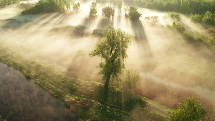 Beautiful misty dawn in the spring on the river.