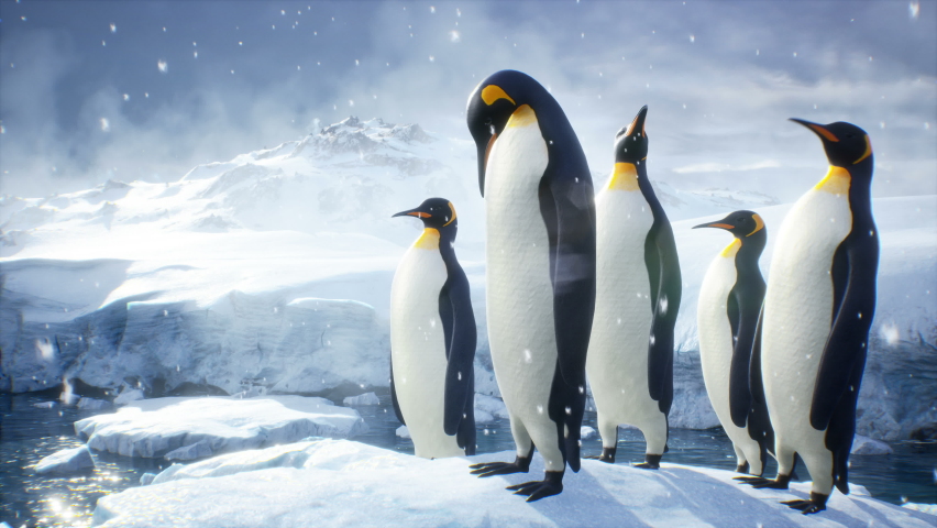 Emperor penguins stand on a huge iceberg and admire the winter polar landscape. Huge high glaciers in winter natural conditions. The loopable animation is perfect for natural and animal backgrounds. | Shutterstock HD Video #1077031400