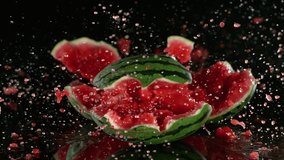 A ripe watermelon falls to the floor and smashes to pieces. Super slow motion filmed on high speed cinematic camera at 1000 fps. - Powered by Shutterstock - Get 15% off with code: PIKWIZARD15