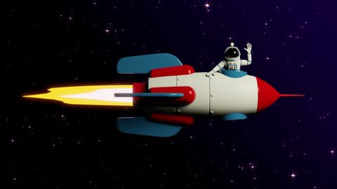 Astronaut is flying on a rocket. Cartoon Spaceman in spacesuit on rocketship. 3D looped animation.