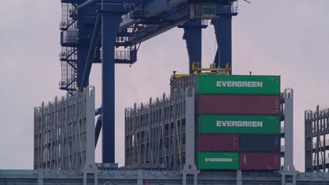 FELIXSTOWE, UK August 4th 2021: The Evergreen EVER GIVEN. One of many EVERGREEN containers is off loaded from the ship.