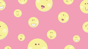 Swirling emoticons on a pink background. 4K resolution. Yellow faces. Fun kids animation. Funny icons. Expression of emotions. Endless movement. Looped video.