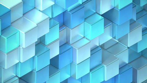 Blue, Cyan, White Abstract metallic Cubes Background. Metal cube pattern wall. 3D rendering. Projection Mapping element with moving cubic surface. 4k Seamless loop