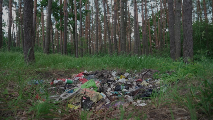 Environmental pollution and environmental threat from pile of discarded garbage in beautiful forest. Ecological disaster. Illegal garbage dump in nature. Terrible dump in woods. Garbage pit in wood | Shutterstock HD Video #1077039629