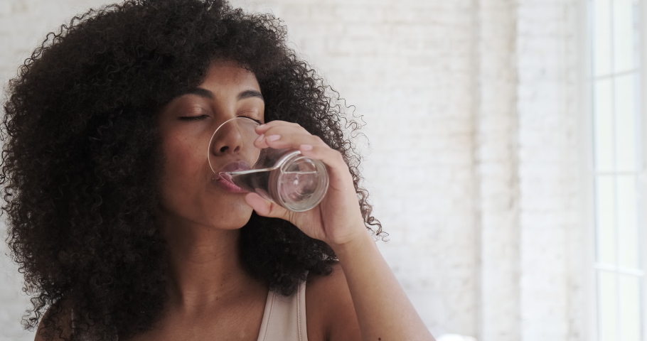Young multiracial woman drinking water daily morning habit routine after morning exercises against large windows close view. Glass of still water healthy drink concept. Royalty-Free Stock Footage #1077039689