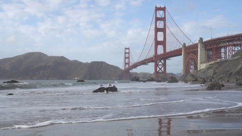 Landscape footage - Golden Gate Bridge is Red Bridge seen from Baker Beach in San Francisco, California, United states , USA - Holiday Travel famous building Landmark - Nature Park and outdoor