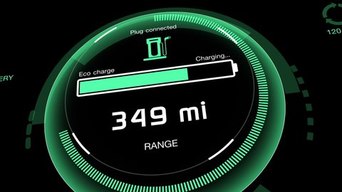 3D Round colorful circle electric vehicle car charging battery dashboard indicating progress of the increasing bar with show fill up to full distant range travel