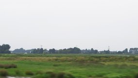 Dolly shot of the countryside. The video was shot from a moving train during the day. Green fields, livestock, some buildings and power transmission lines are seen in the shot.