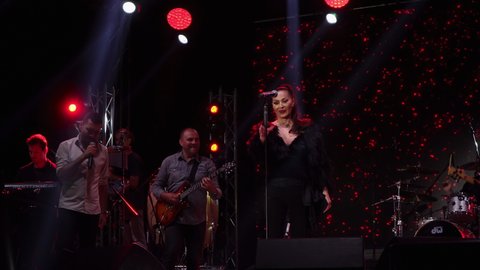 Bansko, Bulgaria - 08 Sep, 2019: Ceca Raznatovic a serbian celebrity singer star is having a concert at stage in Bansko, Bulgaria