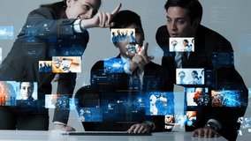 Group of people watching hologram screens. Digital contents. - Powered by Shutterstock - Get 15% off with code: PIKWIZARD15