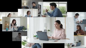 Group of diverse mixed age asia man woman consumer enjoy wireless wifi 5G network discuss on computer tablet device in puzzle mosaic film video wall of virtual indoor city urban life talk by IOT app. - Powered by Shutterstock - Get 15% off with code: PIKWIZARD15
