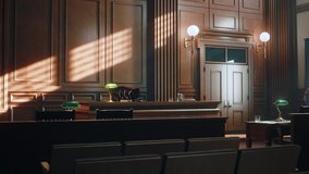 Empty American Style Courtroom. Supreme Court of Law and Justice Trial Stand. Courthouse Before Civil Case Hearing Starts. Grand Wooden Interior with Judge's Bench, Defendant's and Plaintiff's Tables. - Powered by Shutterstock - Get 15% off with code: PIKWIZARD15