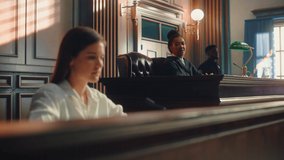 Court of Law and Justice Trial: Portrait of Beautiful Female Witness Giving Evidence to Prosecutor and Defence Counsel, Judge and Jury Listening. Dramatic Speech of Empowered Victim against Crime. - Powered by Shutterstock - Get 15% off with code: PIKWIZARD15