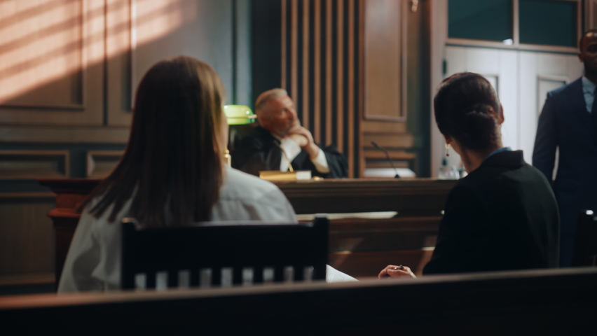 Court of Justice and Law Trial: Female Prosecutor Listening and Writing Down Notes to the Case Presented by Lawyer to Judge, Jury. Attorney Lawyer Protecting Client with Closing Not Guilty Arguments. Royalty-Free Stock Footage #1077064643