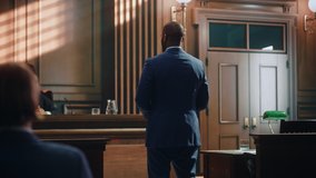 Court of Law Trial in Session: Portrait of Charismatic Male Public Defender Making Touching, Passionate Speech to Judge and Jury. Attorney Lawyer Protecting Client, Presenting Case. - Powered by Shutterstock - Get 15% off with code: PIKWIZARD15