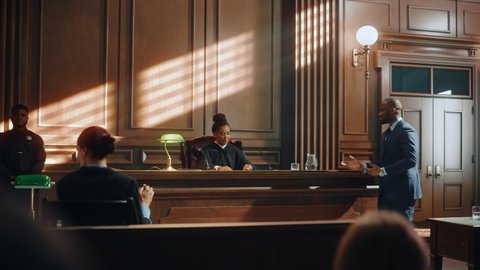 Court of Law Trial in Session: Charismatic Male Public Defender Making Touching, Passionate Speech to Judge and Jury. Female Prosecutor Objecting to His Arguments and Delivering Her Accusations.