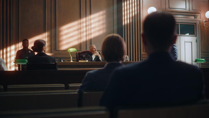 Court of Justice and Law Trial: Male Public Defender Presenting Case, Making Passionate Speech to Judge, Jury. African American Attorney Lawyer Protecting Client's Innocents with Supporting Argument. Royalty-Free Stock Footage #1077064787