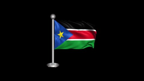 Waving South Sudan Flag with Pole Isolated on Transparent Background. 4K Ultra HD Prores 4444, Loop Motion Graphic Animation.