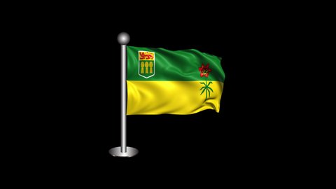 Waving Saskatchewan Flag with Pole Isolated on Transparent Background. 4K Ultra HD Prores 4444, Loop Motion Graphic Animation.