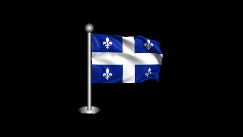 Waving Quebec Flag with Pole Isolated on Transparent Background. 4K Ultra HD Prores 4444, Loop Motion Graphic Animation.