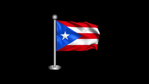 Waving Puerto Rico Flag with Pole Isolated on Transparent Background. 4K Ultra HD Prores 4444, Loop Motion Graphic Animation.