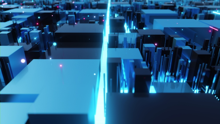 Abstract futuristic virtual city grid view in blue colors with fast flying lights of data. 3d animation Royalty-Free Stock Footage #1077070487