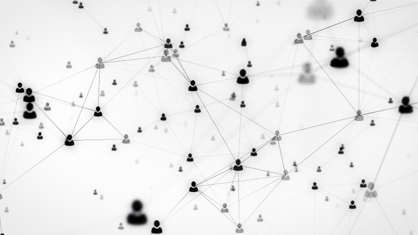 Social network connections. Connecting people on the internet, nodes transforming into the shape of a world map. Black on white background. Available in multiple color options. 4K