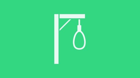 White Gallows rope loop hanging icon isolated on green background. Rope tied into noose. Suicide, hanging or lynching. 4K Video motion graphic animation.