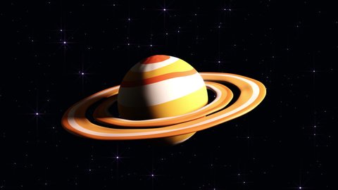 Planet Saturn in cartoon style rotates. 3d planet with rotating rings. Looped animation