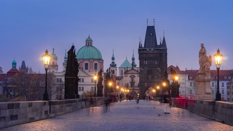 Prague and Charles bridge Night to Day Time Lapse, Czech Republic