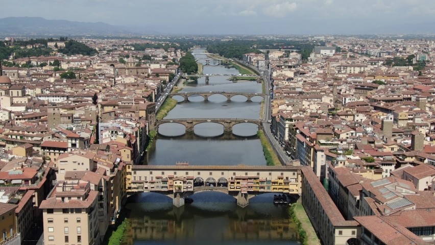 Aerial view of Ponte Vecchio (Old Bridge) in Florence, Tuscany, Italy, Europe Royalty-Free Stock Footage #1077083252