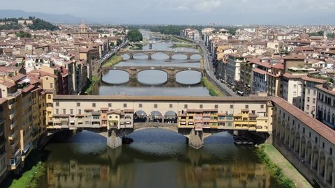 Aerial view of Ponte Vecchio (Old Bridge) in Florence, Tuscany, Italy, Europe