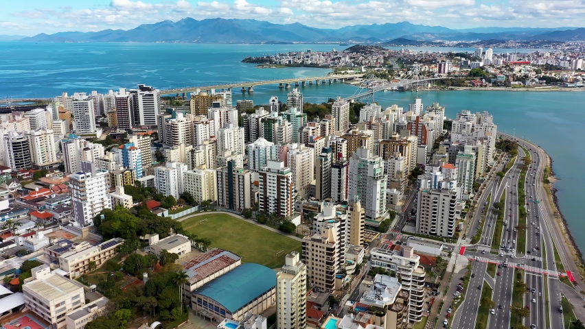 Island of Florianópolis, Brazil. Panoramic aerial view of touristic landmark of island of Florianopolis, capital city of Santa Catarina, Brazil. Landmark buldings and avenues. Landscape scenery.
