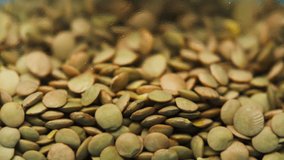 Close-up of falling down green lentils into glass jar on blue background. Shooting of lentil seeds and groats in studio. Macro footage of pouring out the grits. Food cooking video.  - Powered by Shutterstock - Get 15% off with code: PIKWIZARD15