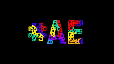 Hashtag #AE. Colorful animated text isolated on Transparent Alpha channel. 4K video. Rainbow colors. Trendy popular Hashtag #AE for social network media, title video intro.