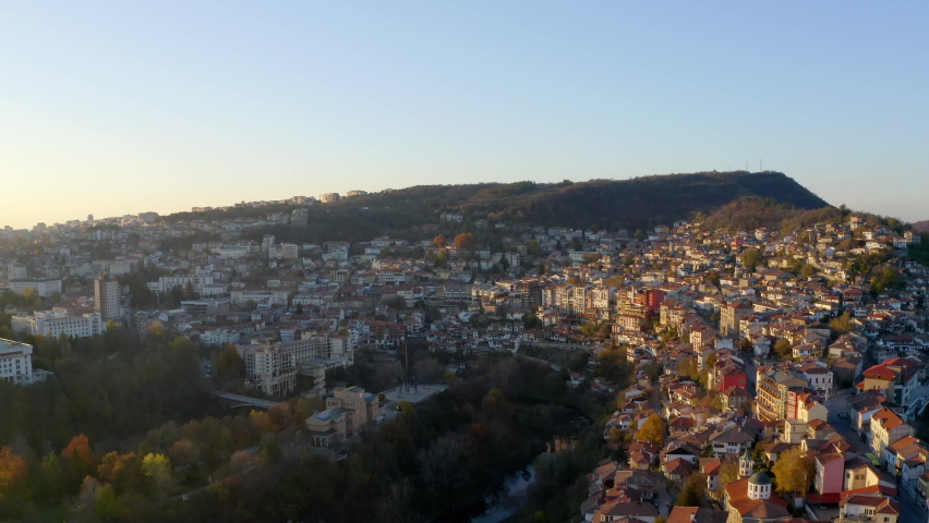 Amazing Aerial view of the city of Veliko Tarnovo, Bulgaria. 4k