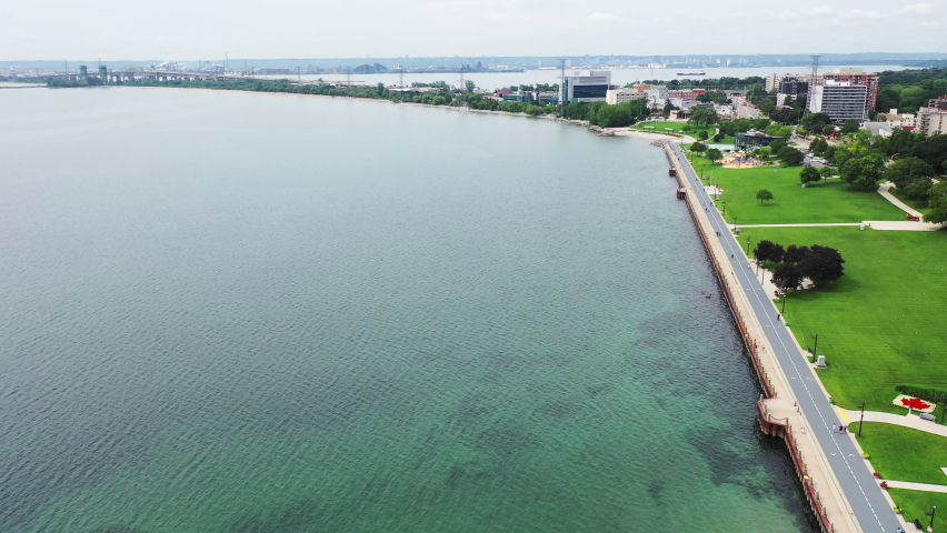 Aerial of the shoreline at Burlington, Ontario, Canada 4K