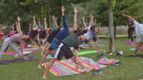 A group of people is doing yoga exercises in a city park. They hold asanas, increase the tone of the muscles of the body. Meeting of close friends, communication. CZ, Prague, Strelecky, 4.8.2021