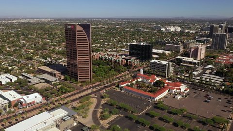 Phoenix , Arizona , United States - 05 06 2021: Aerial View Of BMO Tower And Central United Methodist Church