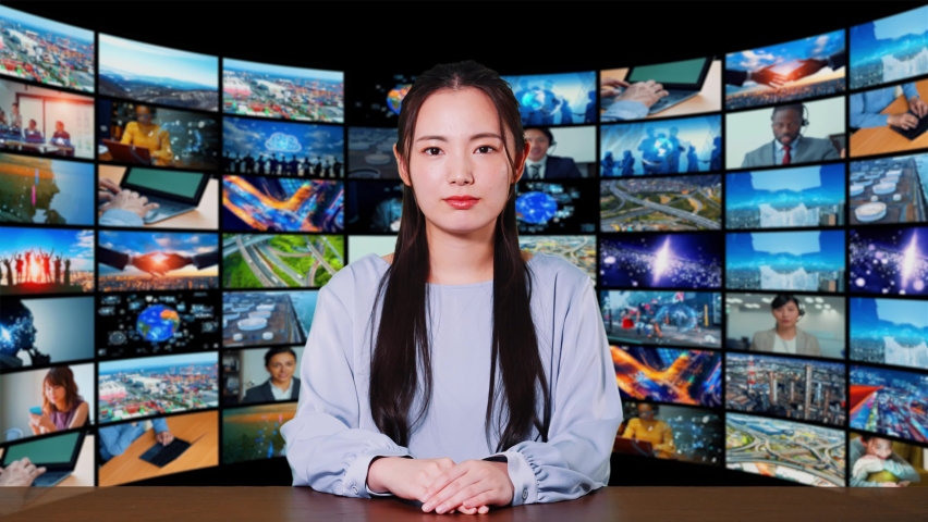 Television studio concept. Broadcasting. Asian announcer. Royalty-Free Stock Footage #1077103787