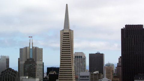 Pan of San Francisco skyscrapers, focusing on the Transamerica Pyramid building