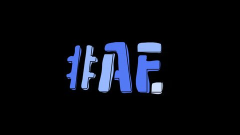 Hashtag #AE. 4K video. Blue font animated isolated on transparent Alpha channel. Contrasting symbol, moving mobile form, black outline. Trendy popular Hashtag AE for user interface, mobile app